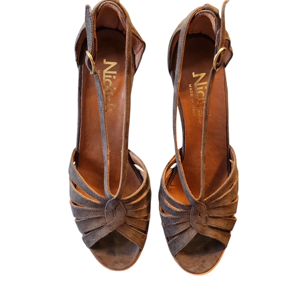 Vintage Nickels Flannel Suede Leather Open Toe Buckle Heels Size 8AA w/Box - Picture 2 of 11